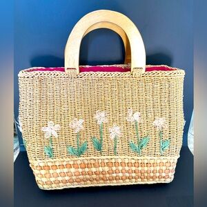 Vintage Style Cornhusk Woven Tote Bag w/ Wood Handles & Raffia Flowers - Hand
